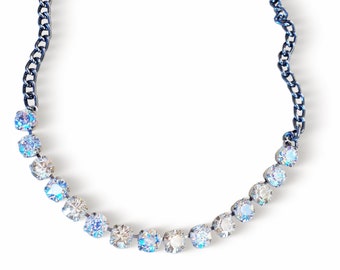 Swarovski crystal silver shade crystal and white patina chain necklace ,gunmetal