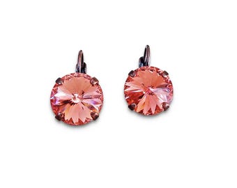 Swarovski Kristall 12mm Rivoli Leverback Tropfen Ohrringe Rosenpfirsich, Antik Kupfer plattiert