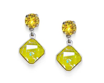 Swarovski crystal  stud and drop fancy prismatic square stone earrings,sunshine delite,rhodium silver plated