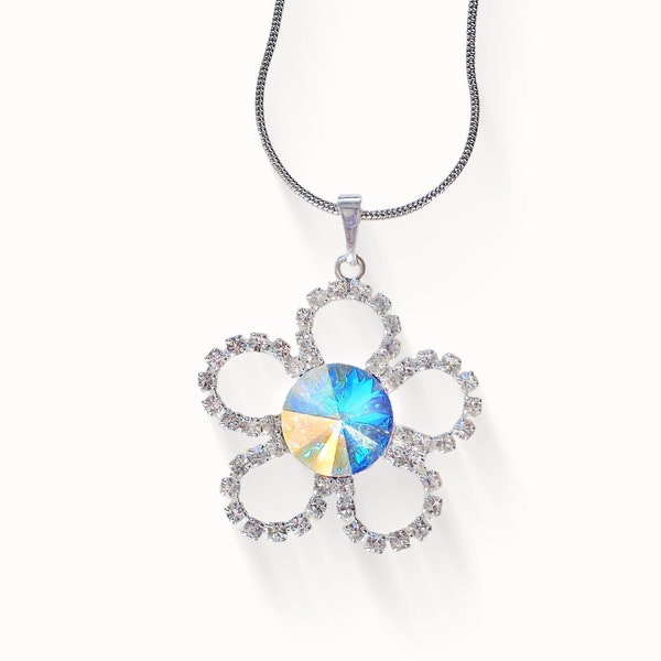 Swarovski crystal  with clear crystal AB rivoli flower pendant necklace ,stainless steel chain