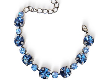 Swarovski crystal 10mm rivoli tennis style bracelet montana and light sapphire,Antique silver setting