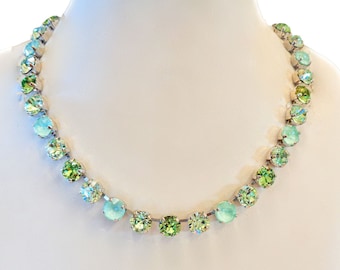 SPRING WHISPERS  Swarovski crystal  fancy stone tennis  necklace,pastel greens,rhodium silver plated