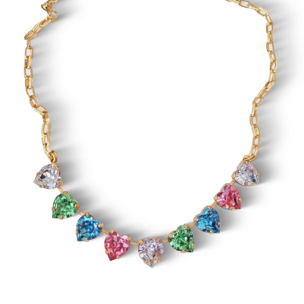 Collar estilo tenis con piedras en forma de corazón de 11 mm con cristales de Swarovski, multicolor