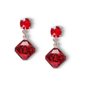 Swarovski crystal  stud and drop fancy prismatic square stone earrings,scarlet,rhodium silver plated