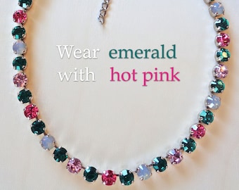 MODERN ESMERALDA Swarovski crystal 8mm fancy stone necklace crystal  emerald ,rose and purple  ,rhodium silver plated