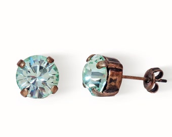 Swarovski Crystal  8mm stud earrings colour chrysolite, antique brass  plated,KONPLOTT inspired