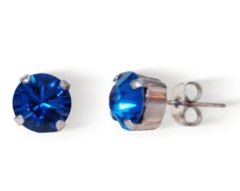 Swarovski Crystal  8mm stud earrings colour capri blue, rhodium silver  plated,KONPLOTT inspired