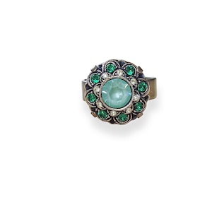 Ring mit filigranem Swarovski-Kristallblumen-Element, majestätisches Grün, antik versilbert