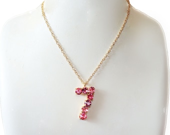 Swarovski crystal  pendant necklace number Seven , multicolour pink,yellow gold plated
