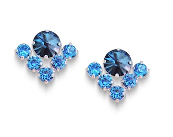 Swarovski crystal multistone stud earrings montana and cool blue,silver plated