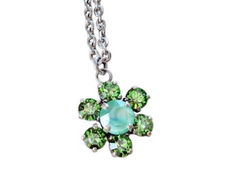Swarovski crystal fancy stone flower pendant,green peridot ,antique silver plated