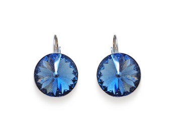 Swarovski crystal  14mm rivoli leverback drop earrings,montana blue,stainless steel