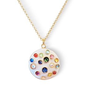 Swarovski crystal 25mm round fancy stone and crystal clay pendant necklace ,multicolour