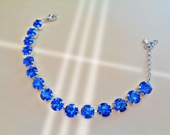 Swarovski crystal 8mm fancy stone tennis style bracelet sapphire rhodium silver plated setting