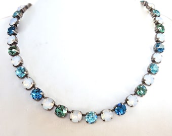 Swarovski crystal 8mm fancy stone necklace crystal  white opal and sparkling blue ,antique silver plated