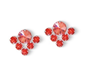 Swarovski crystal multistone stud earrings rose peach and padparadchsa,silver plated