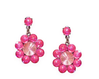 Swarovski crystal flower setting  stud and drop earrings lotus pink  delite and light rose,antique silver  plated