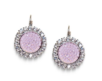 Swarovski crystal rose water opal crystal rocks  leverback drop halo earrings,rhodium silver plated