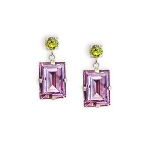 Pendientes de botón y gota con corte escalonado de cristal Swarovski en amatista claro, verde cítrico y baño de plata.