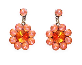 Swarovski crystal flower setting  stud and drop earrings  Orange glow delite and tangerine ,antique brass plated