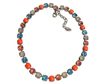 LUSH LAVA Swarovski crystal  two piece set earrings  and necklace ,light turquoise and neon orange ,antique silver plated