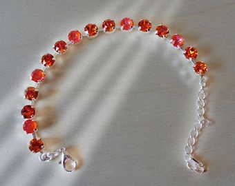 Swarovski crystal 6mm fancy stone tennis style bracelet  multi orange tones ,bright silver plated