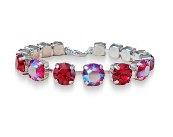 Swarovski crystal 8mm fancy stone tennis style bracelet scarlet and light siam shimmer, rhodium silver plated setting