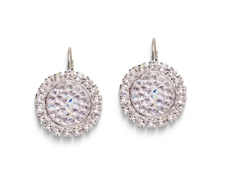 Swarovski crystal clear crystalAB crystal rocks  leverback drop halo earrings,rhodium silver plated