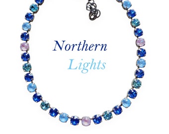 NORTHERN LIGHTS Swarovski crystal  fancy stone tennis style choker necklace, royal blue delite , crystal sky ignite ,antique silver plated