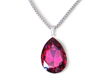 Grand collier pendentif pierre poire fantaisie cristal Swarovski 30X20mm fuchsia, chaîne acier inoxydable