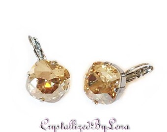 Perfect Swarovski crystal 12mm square fancy stone leverback golf earrings crystal golden shadow