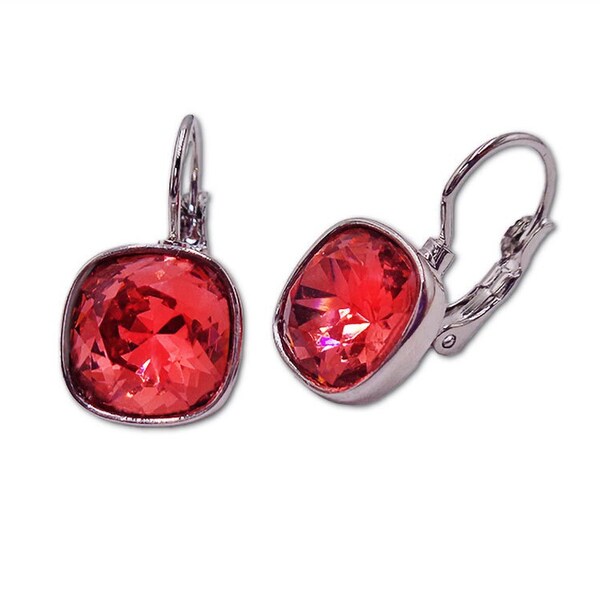 Boucles d'oreilles en cristal Swarovski mini coussin fantaisie pierre carrée padparadscha ,pierres 10mm, plaqué rhodium