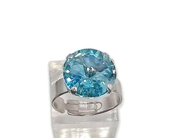 Swarovski Crystal 14mm rivoli fancy stone  ring adjustable 6-9US,sparkling light turquoise