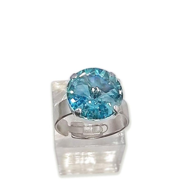 Swarovski Crystal 14mm rivoli fancy stone ring réglable 6-9US, turquoise lumière étincelante