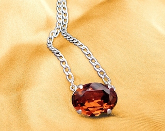 Délicat collier pendentif ovale cristal Swarovski 18X13mm topaze fumée ,chaîne gourmette acier inoxydable