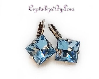 Swarovski cristal 10mm princess square fancy stone leverback boucles d’oreilles aigue-marine, antique plaqué argent, boucles d’oreilles bleu ciel étincelantes