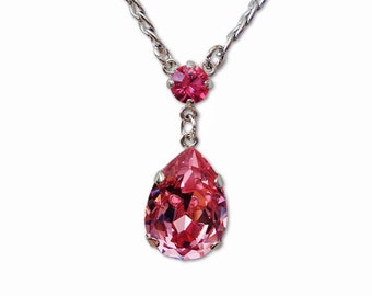 Collier pendentif goutte de poire en cristal Swarovski rose clair scintillant, chaîne gourmette en acier inoxydable