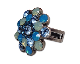 Swarovski crystal  blue opal and aquamarine  fancy stone cocktail ring adjustable size,dark  silver plated