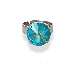 Swarovski Crystal 14mm rivoli fancy stone  1122 style ring adjustable 6-9US,laguna Delite