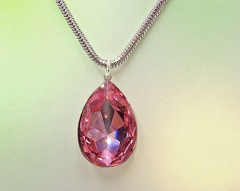 Collier pendentif gros cristal Swarovski 30X20mm fantaisie pierre poire rose clair,chaine acier inoxydable