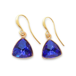 Swarovski crystal mini kaleidoscope triangle  drop earrings Majestic blue, satin gold plated
