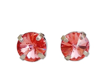 Swarovski Crystal  10mm rivoli stud earrings  rose peach,rhodium silver plated