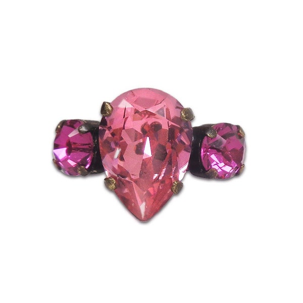 Swarovski crystal  rose and fuchsia  pear fancy stone ring adjustable size,antique brass plated