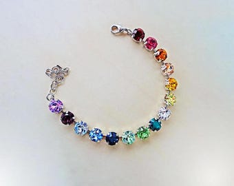 Bracciale tennis austriaco in cristallo dai colori vivaci dell'arcobaleno, placcato argento o oro.