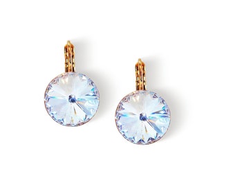 Swarovski crystal  14mm rivoli leverback drop earrings,  colour Clear crystal ,yellow gold plated