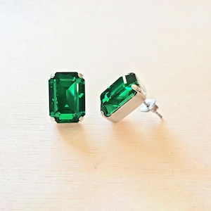 Austrian crystal rectangular  stud  earrings majestic green, rhodium silver