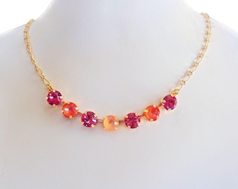 Austrian crystal 8mm  hot pink,orange glow fancy stones ,chain necklace,gold plated