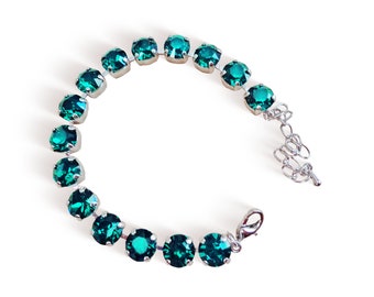 Swarovski crystal 8mm fancy stone tennis style bracelet emerald, rhodium silver plated setting