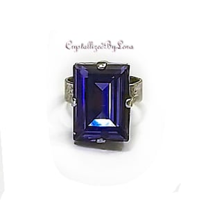 Swarovski crystal 18X13mm tanzanite step cut fancy solitaire ring,antique silver setting, purple blueish colour