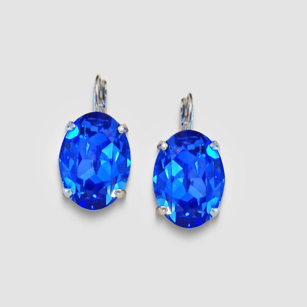 Boucles d'oreilles saphir bleu 18X13mm pierre fantaisie ovale cristal Swarovski, plaqué argent rhodié